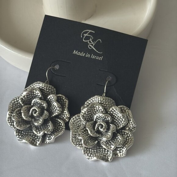 E&L Sterling Silver Rose Flower Electroform Earrings Israel 2 3/8" - Picture 7 of 11